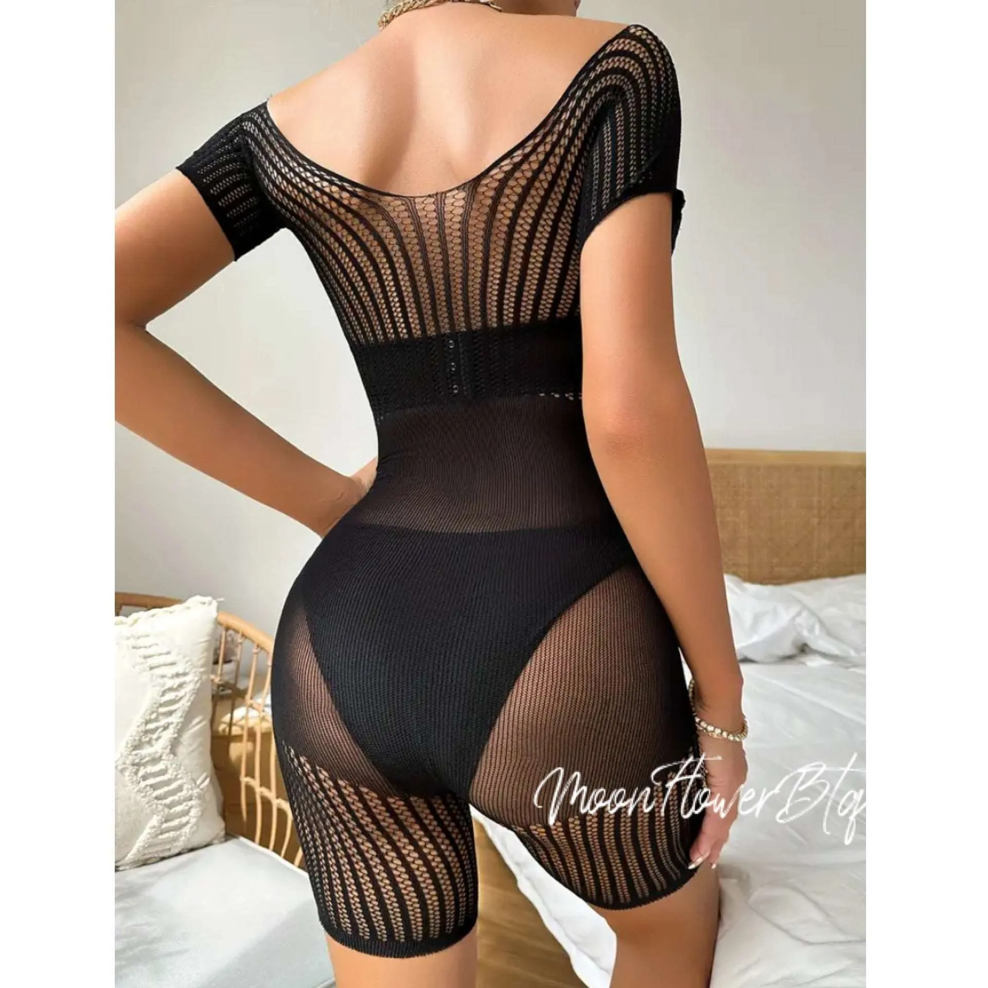 Black Fishnet Mesh One Piece Bodysuit