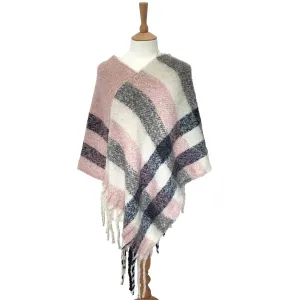 Black Ginger Pink/Blue Check Thick Cosy Feel Poncho - 735-780