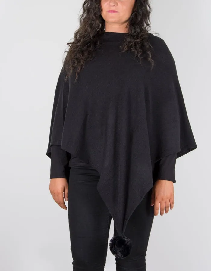 Black Pom Pom Poncho