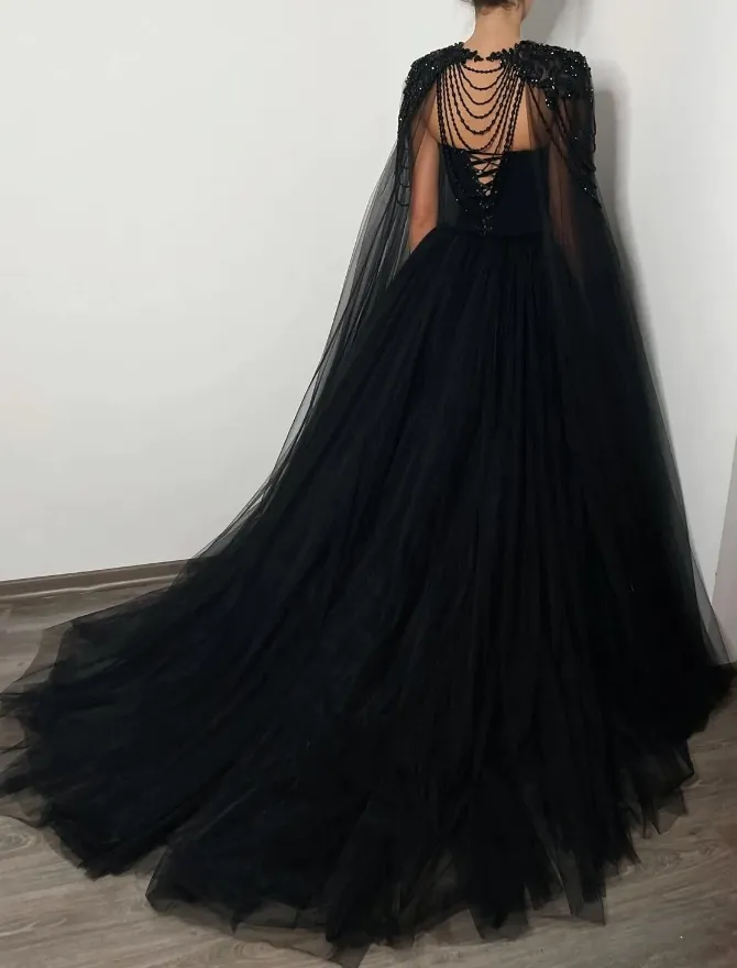 Black romantic wedding dress Black crystal beaded corset wedding tulle dress, elegant beaded bride dress   fg362