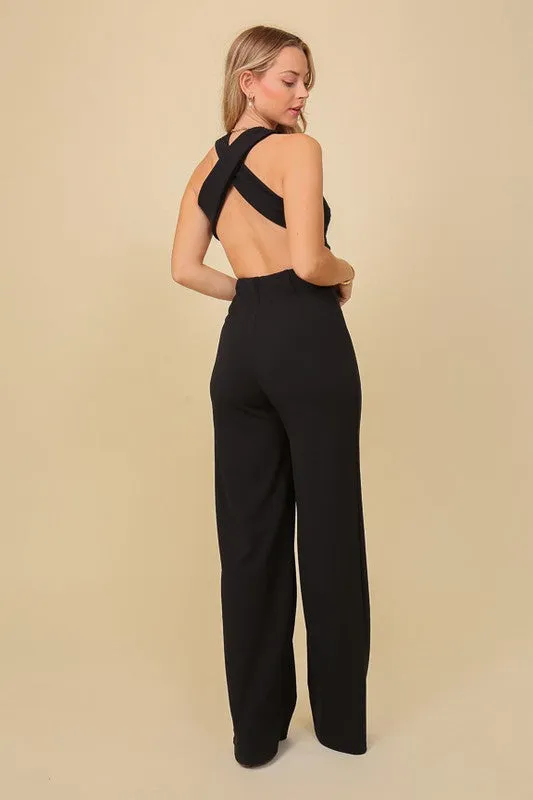 Black Surplice Techno Crepe Knit Crisscross Jumpsuit