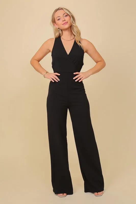 Black Surplice Techno Crepe Knit Crisscross Jumpsuit