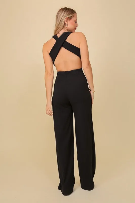 Black Surplice Techno Crepe Knit Crisscross Jumpsuit