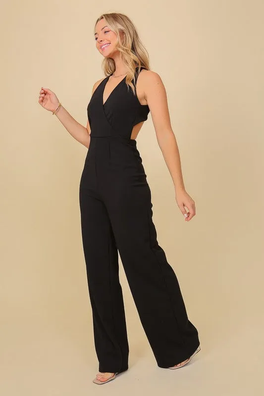 Black Surplice Techno Crepe Knit Crisscross Jumpsuit