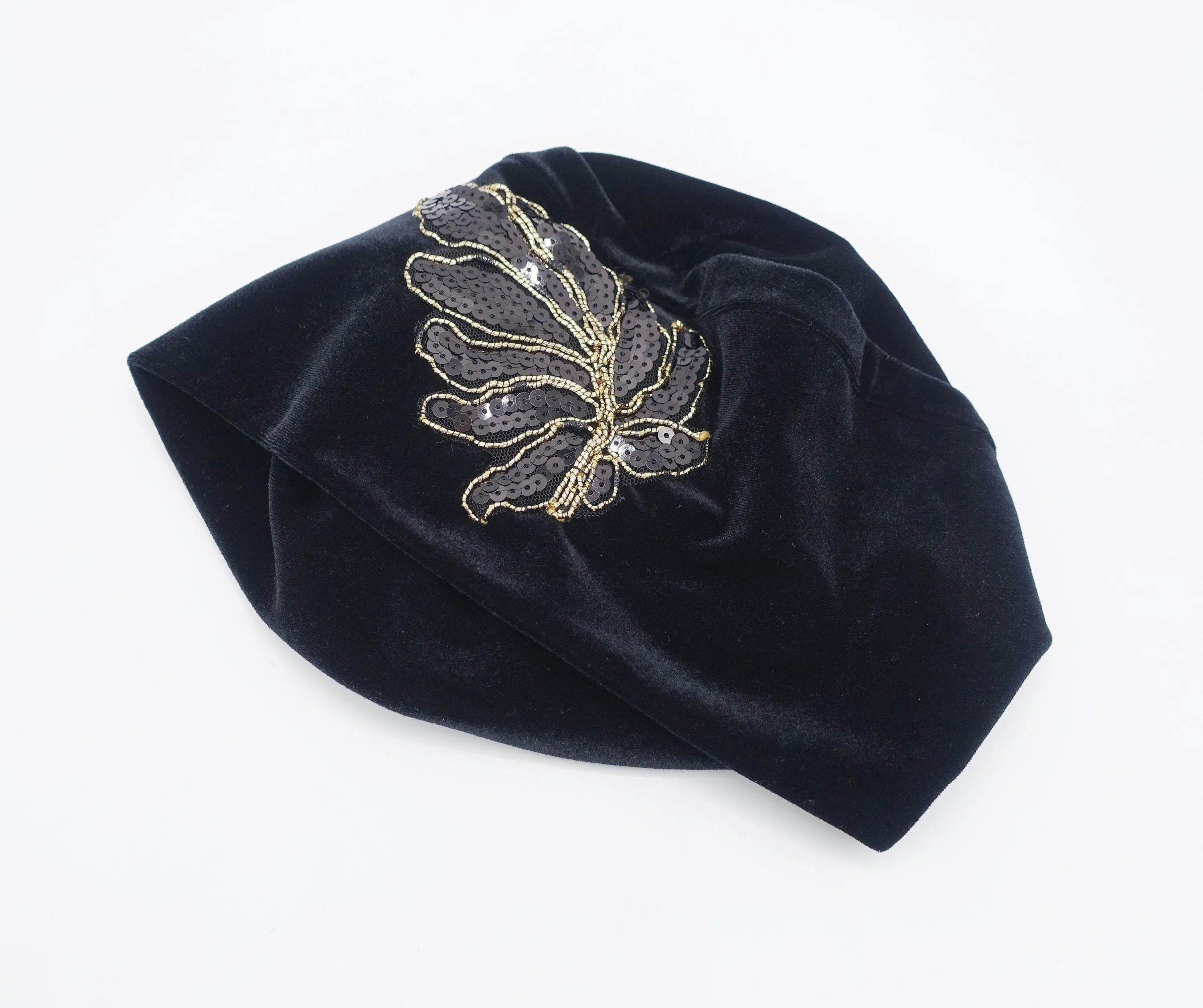 black velvet beanie, sequin leaf embellished hat, stretchable fashion hat for women