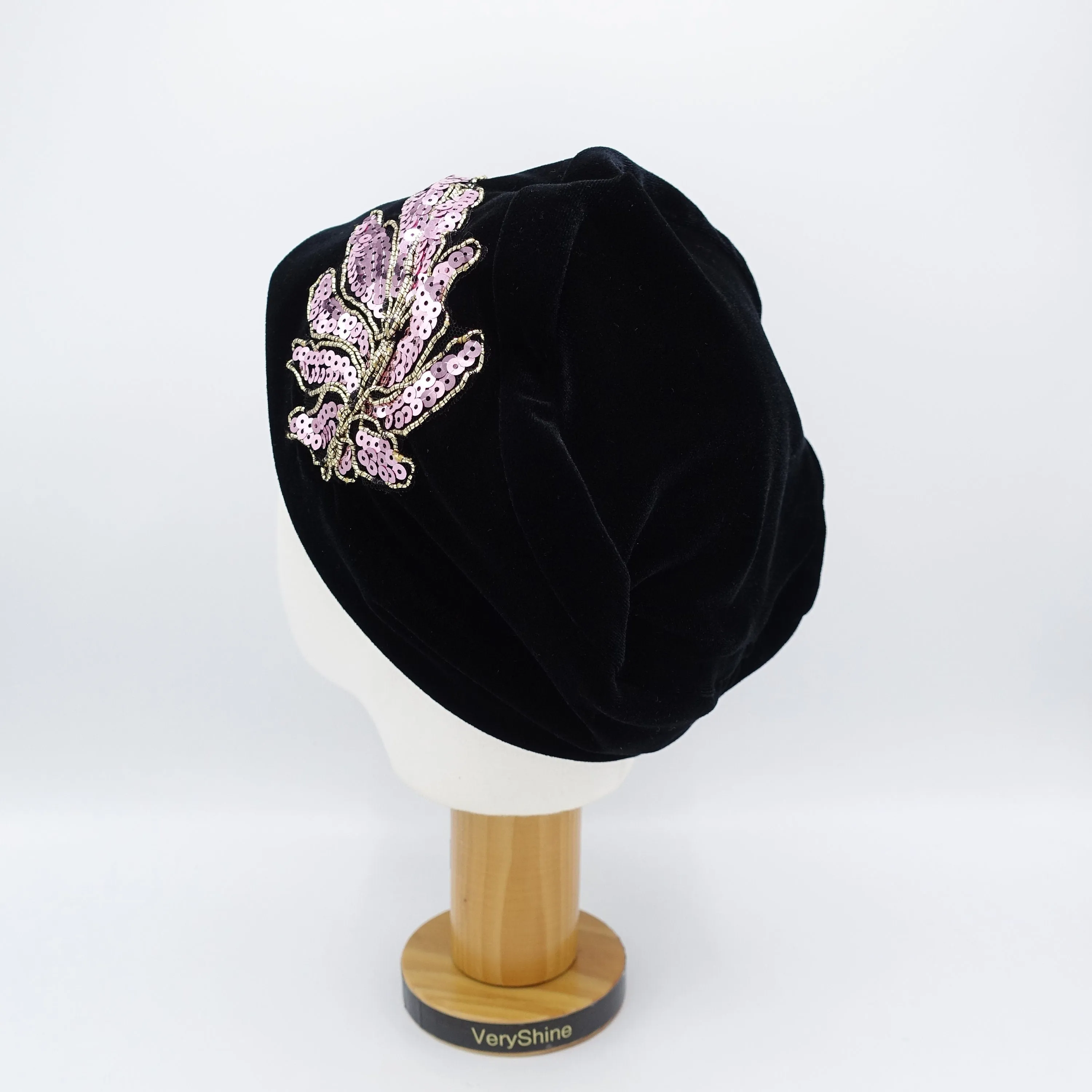 black velvet beanie, sequin leaf embellished hat, stretchable fashion hat for women