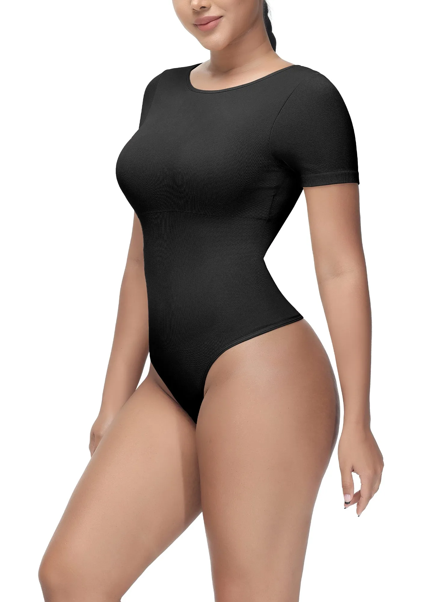 Bodysuit for Women Tummy Control Tops Crew Neck Short Sleeve Bodysuit Thong Sculpting with Removable Padding