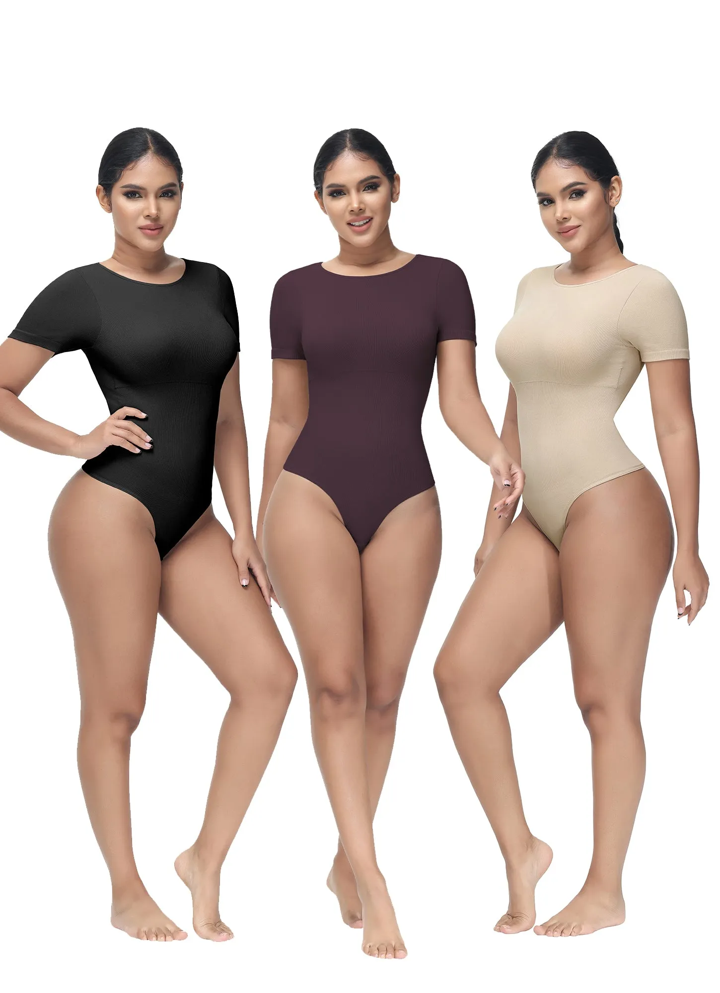 Bodysuit for Women Tummy Control Tops Crew Neck Short Sleeve Bodysuit Thong Sculpting with Removable Padding