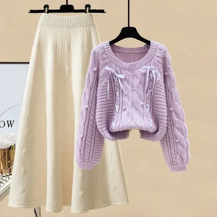 Bow Pills Cable Knit Sweater Skirt Two Piece Set