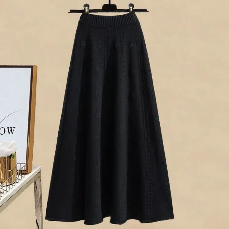 Bow Pills Cable Knit Sweater Skirt Two Piece Set