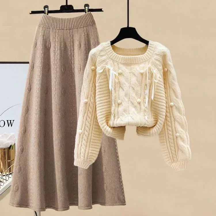 Bow Pills Cable Knit Sweater Skirt Two Piece Set