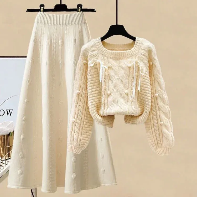 Bow Pills Cable Knit Sweater Skirt Two Piece Set