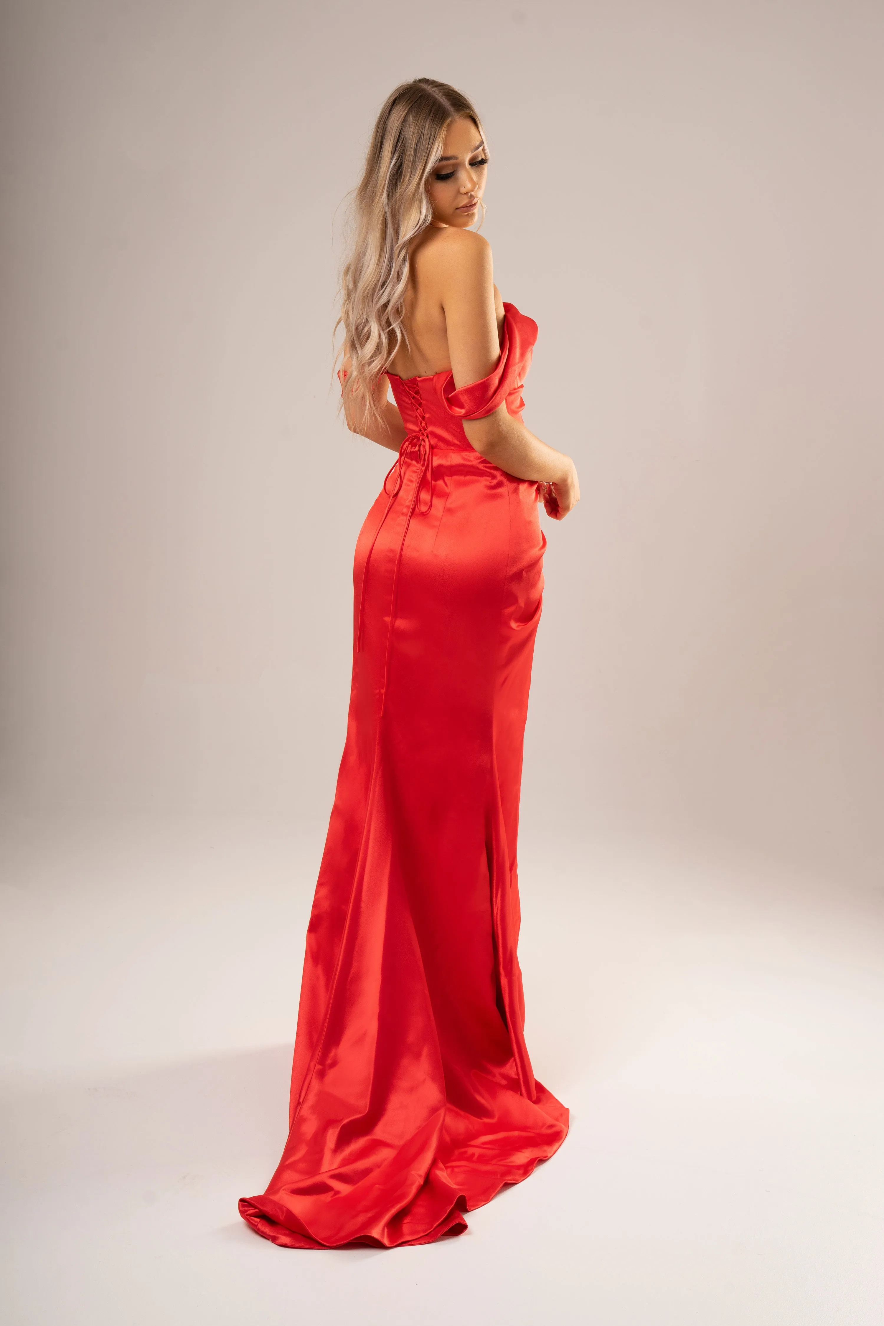 Bright Red Satin mermaid dress with off the shoulder and high slit for hire