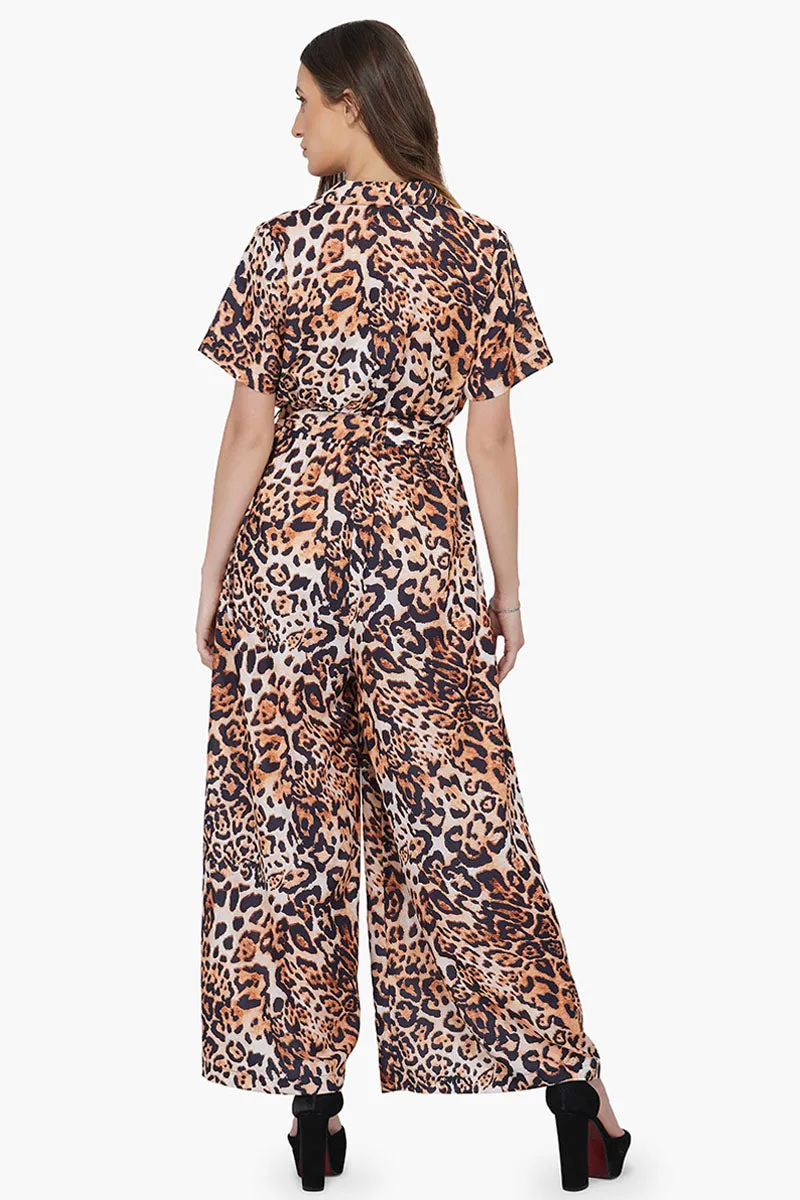 Brown Leopard Wide Legged Collared Jumpsuit