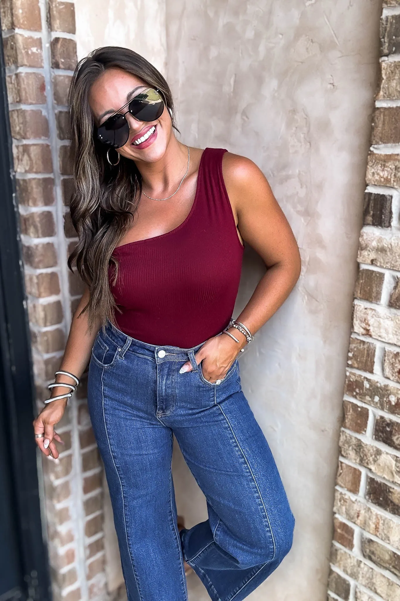 Burgundy Sleeveless One Shoulder Rib Bodysuit