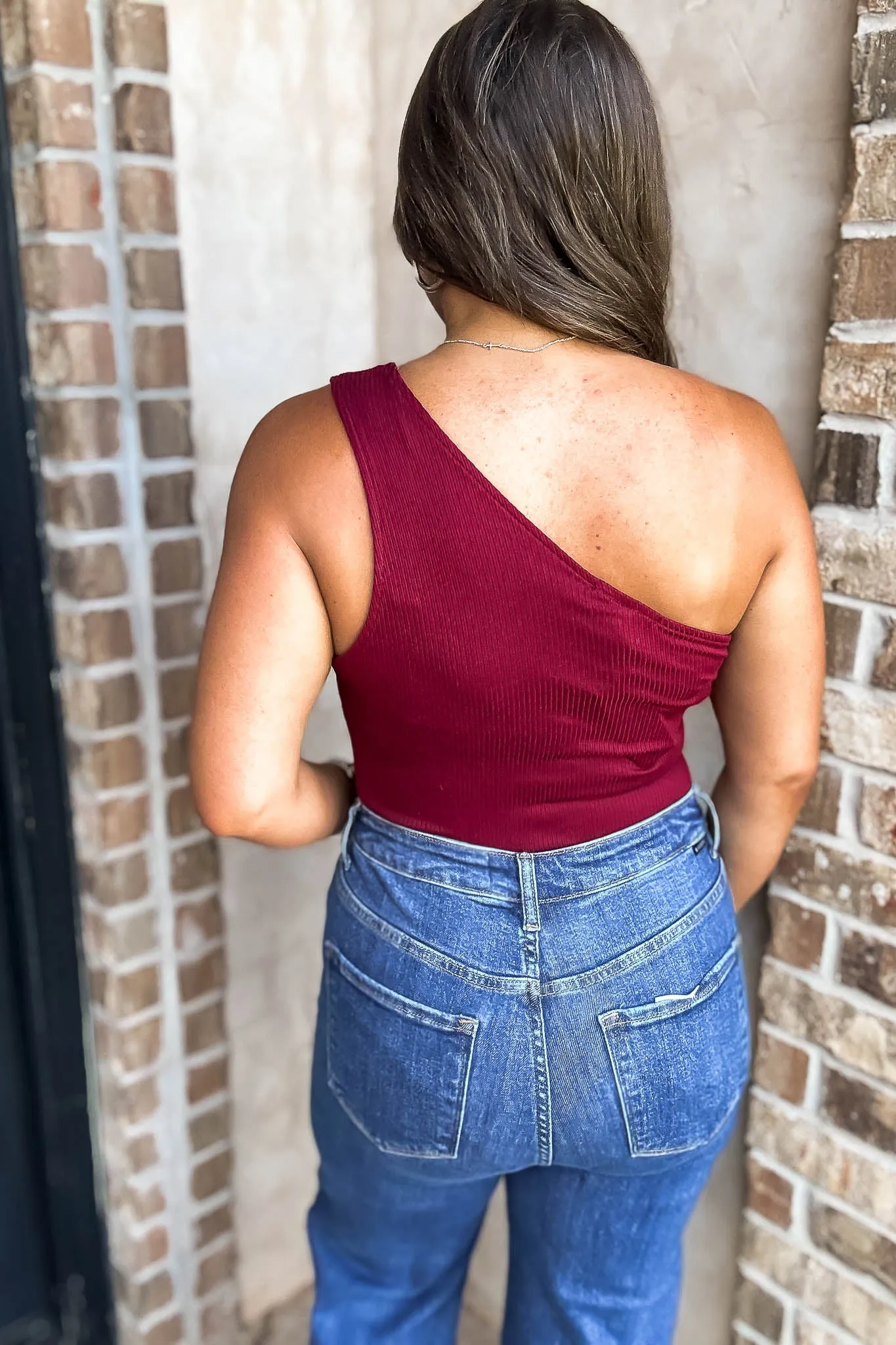 Burgundy Sleeveless One Shoulder Rib Bodysuit