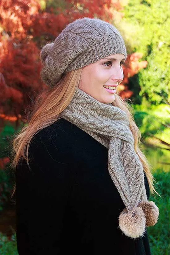 Cable Scarf with Rabbit Fur Pompom