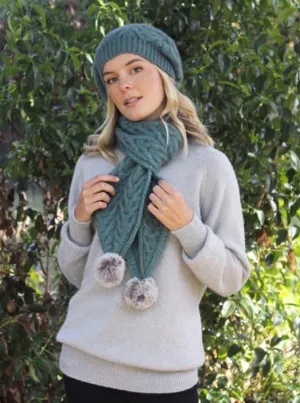 Cable Scarf with Rabbit Fur Pompom