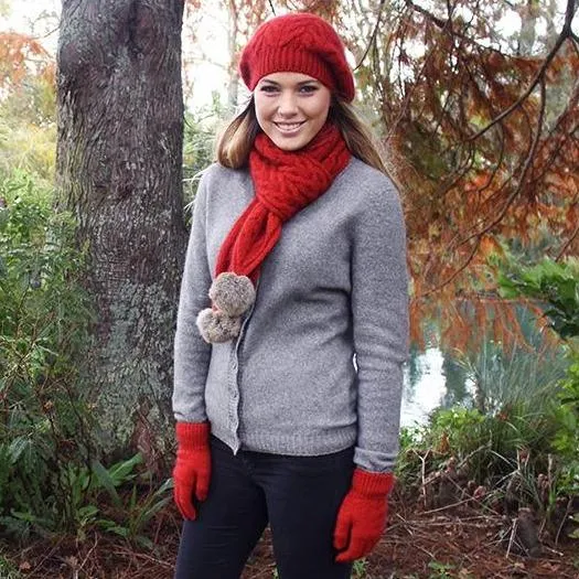 Cable Scarf with Rabbit Fur Pompom