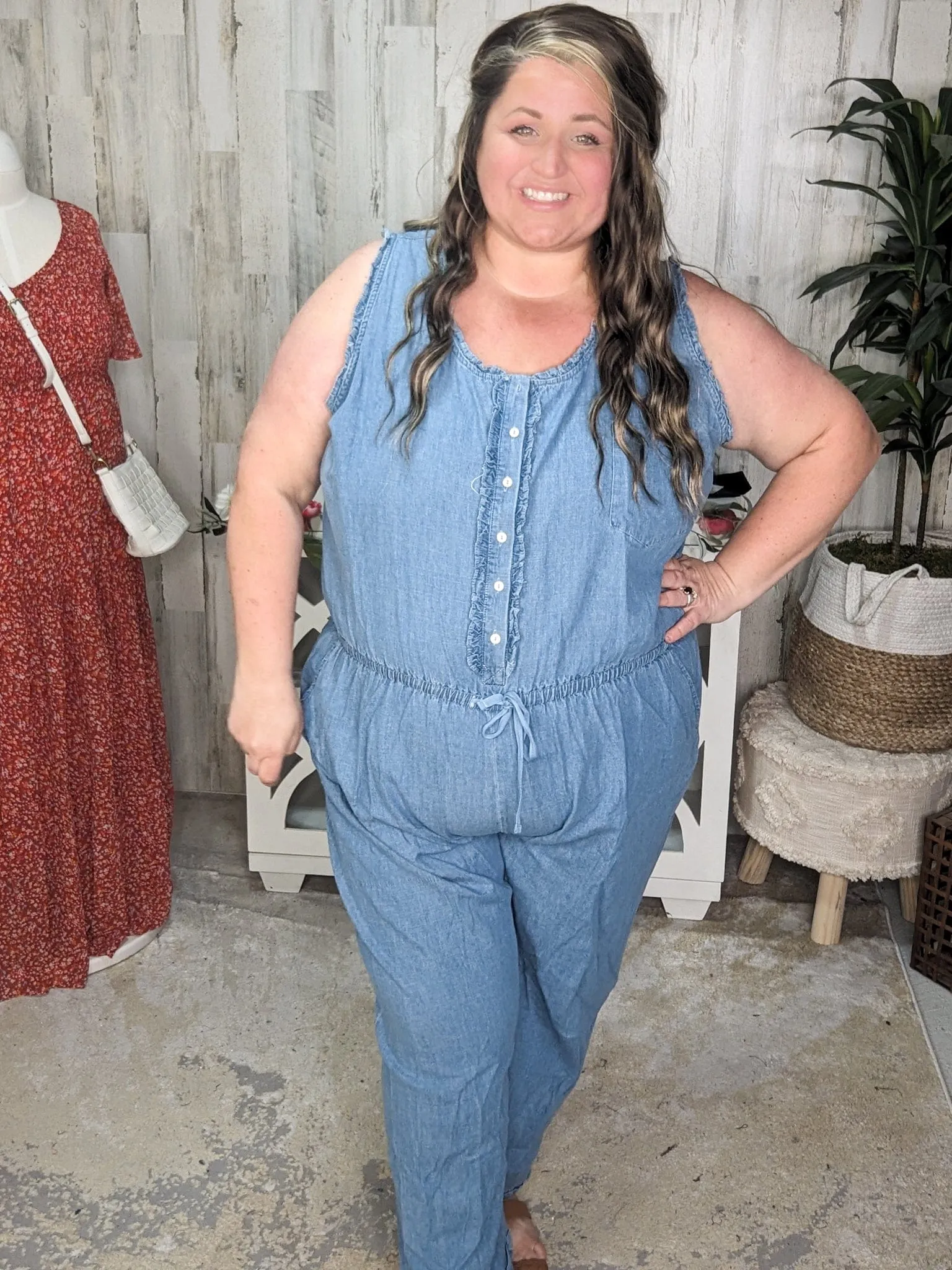 Cali Chambray Denim Jumpsuit w/Ruffle   Button Details