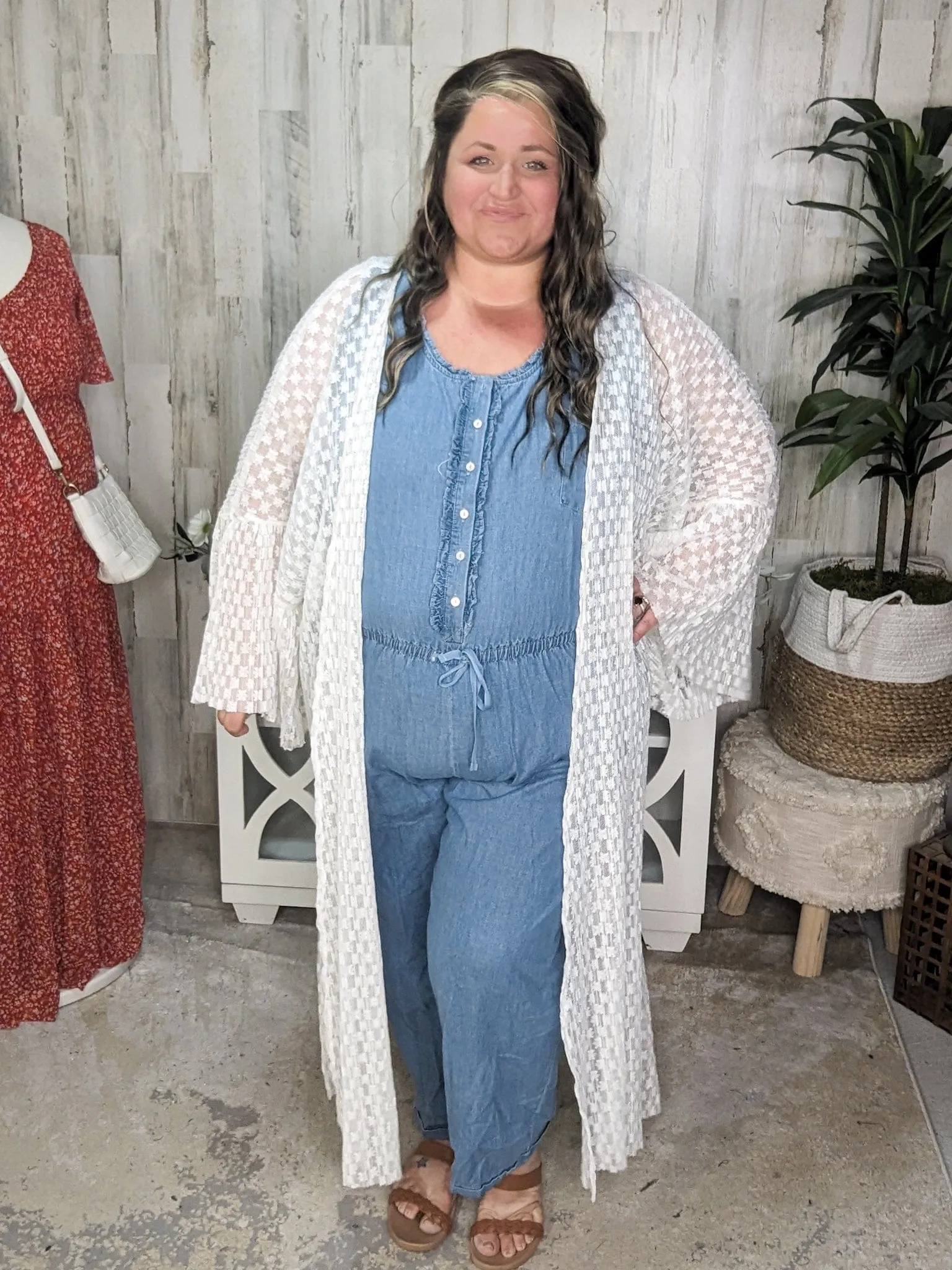 Cali Chambray Denim Jumpsuit w/Ruffle   Button Details