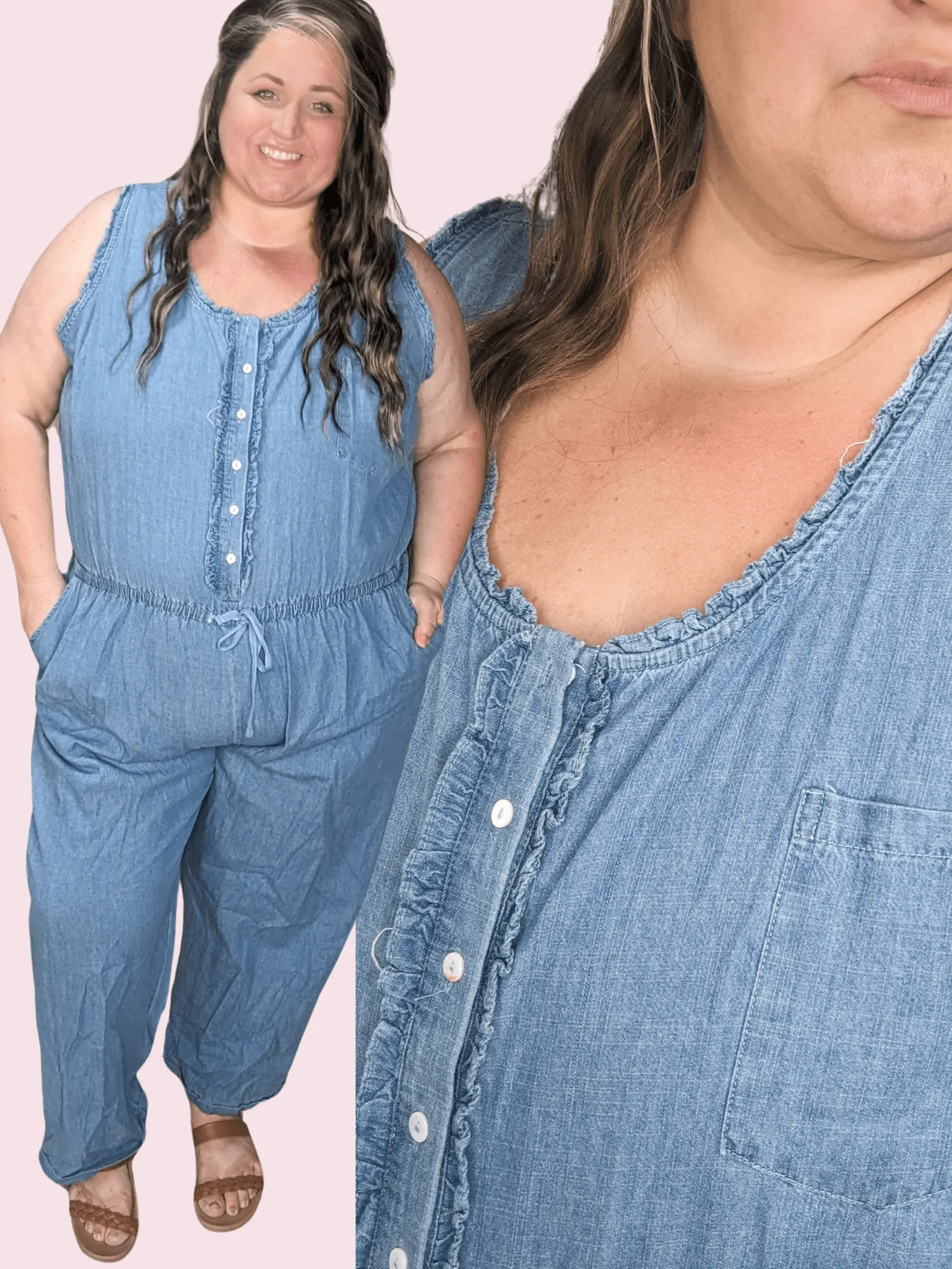 Cali Chambray Denim Jumpsuit w/Ruffle   Button Details