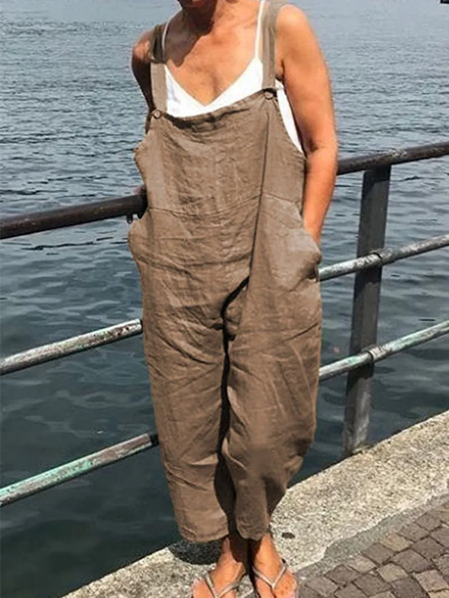 Casual Solid Sleeveless Pockets Cotton Jumpsuits