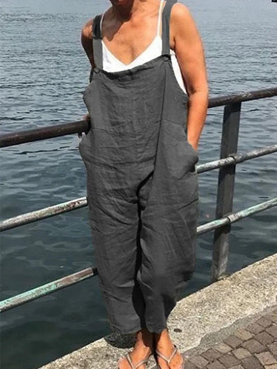 Casual Solid Sleeveless Pockets Cotton Jumpsuits