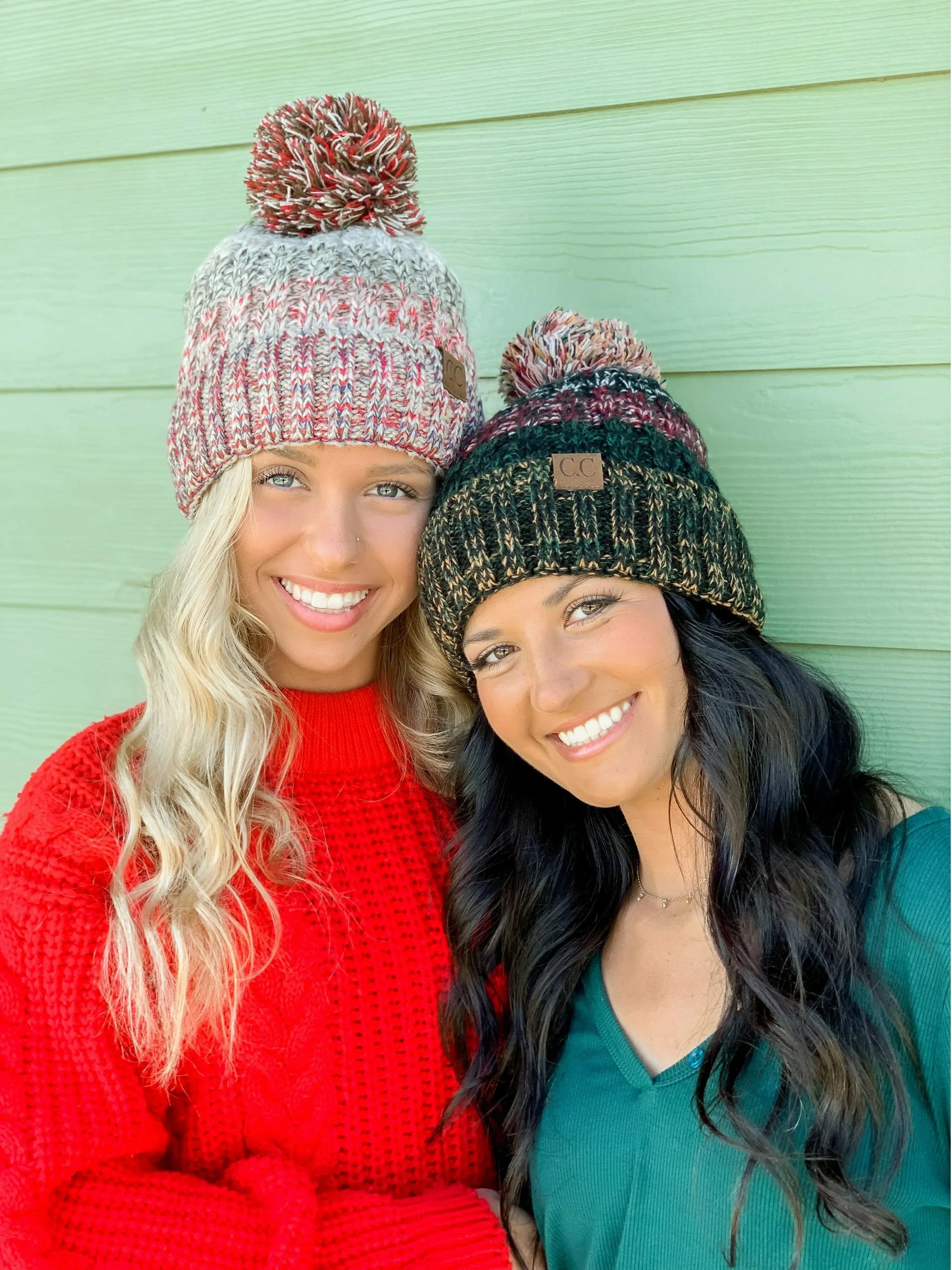 CC Beanie Fuzzy Lined Tri-Color Pom