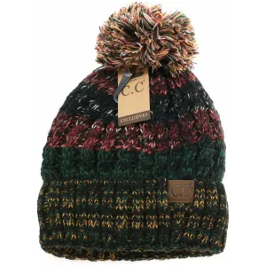 CC Beanie Fuzzy Lined Tri-Color Pom