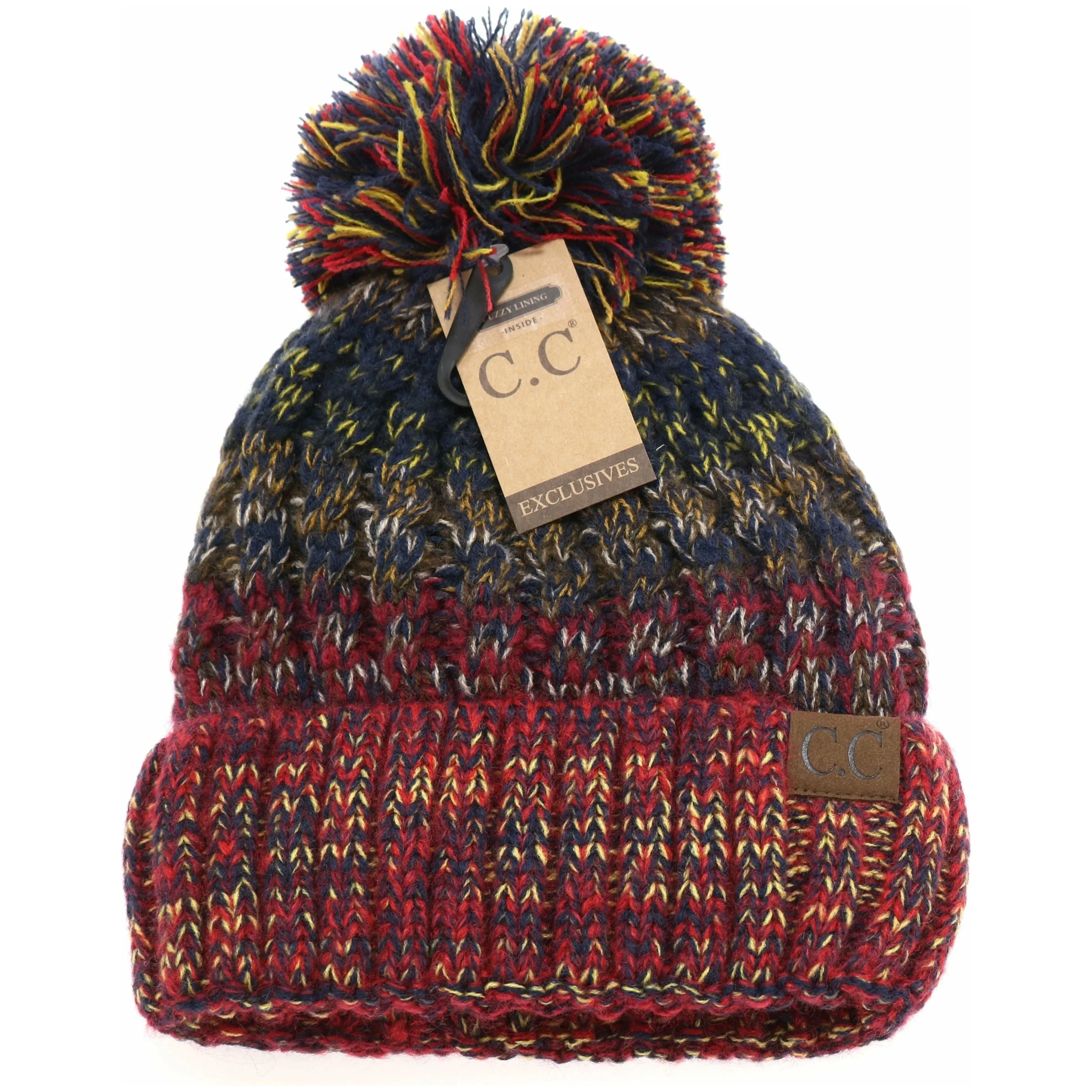 CC Beanie Fuzzy Lined Tri-Color Pom