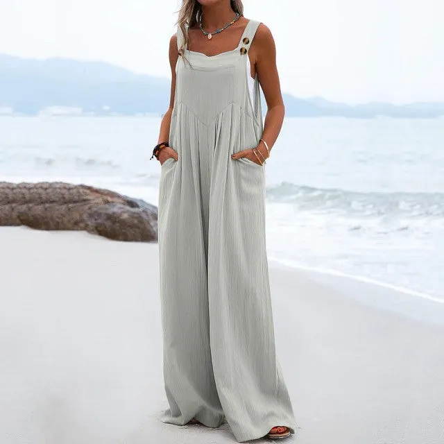 Celmia Summer Loose Casual Off Shoulder Pocket Women Romper Strap Solid Playsuit Button Long Jumpsuit Women's Jumpsuit Beach Wide Leg S4601712