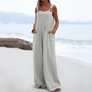 Celmia Summer Loose Casual Off Shoulder Pocket Women Romper Strap Solid Playsuit Button Long Jumpsuit Women's Jumpsuit Beach Wide Leg S4601712