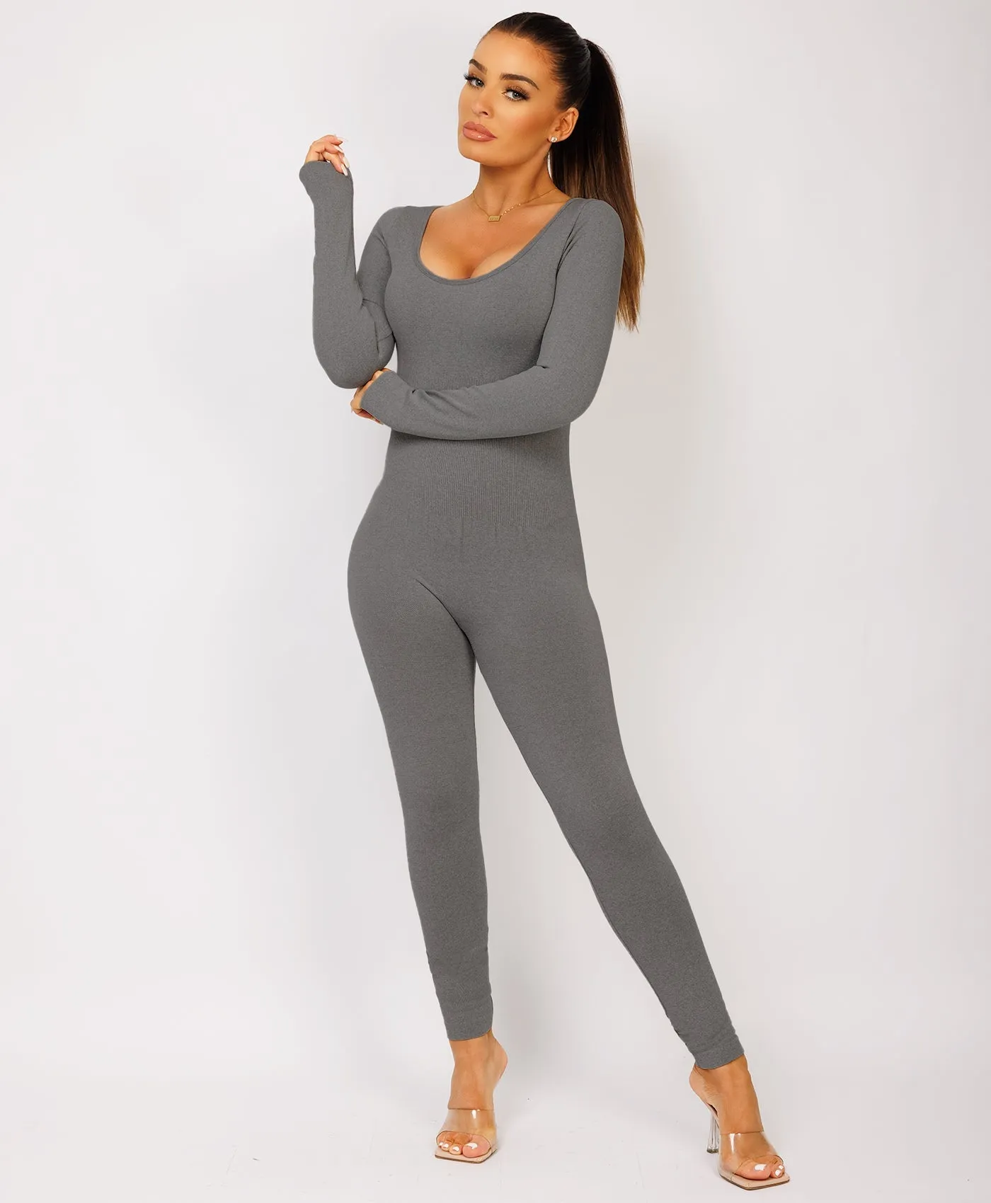 Charcoal Grey Elastic Ribbed Waist Round Neck Jumpsuit