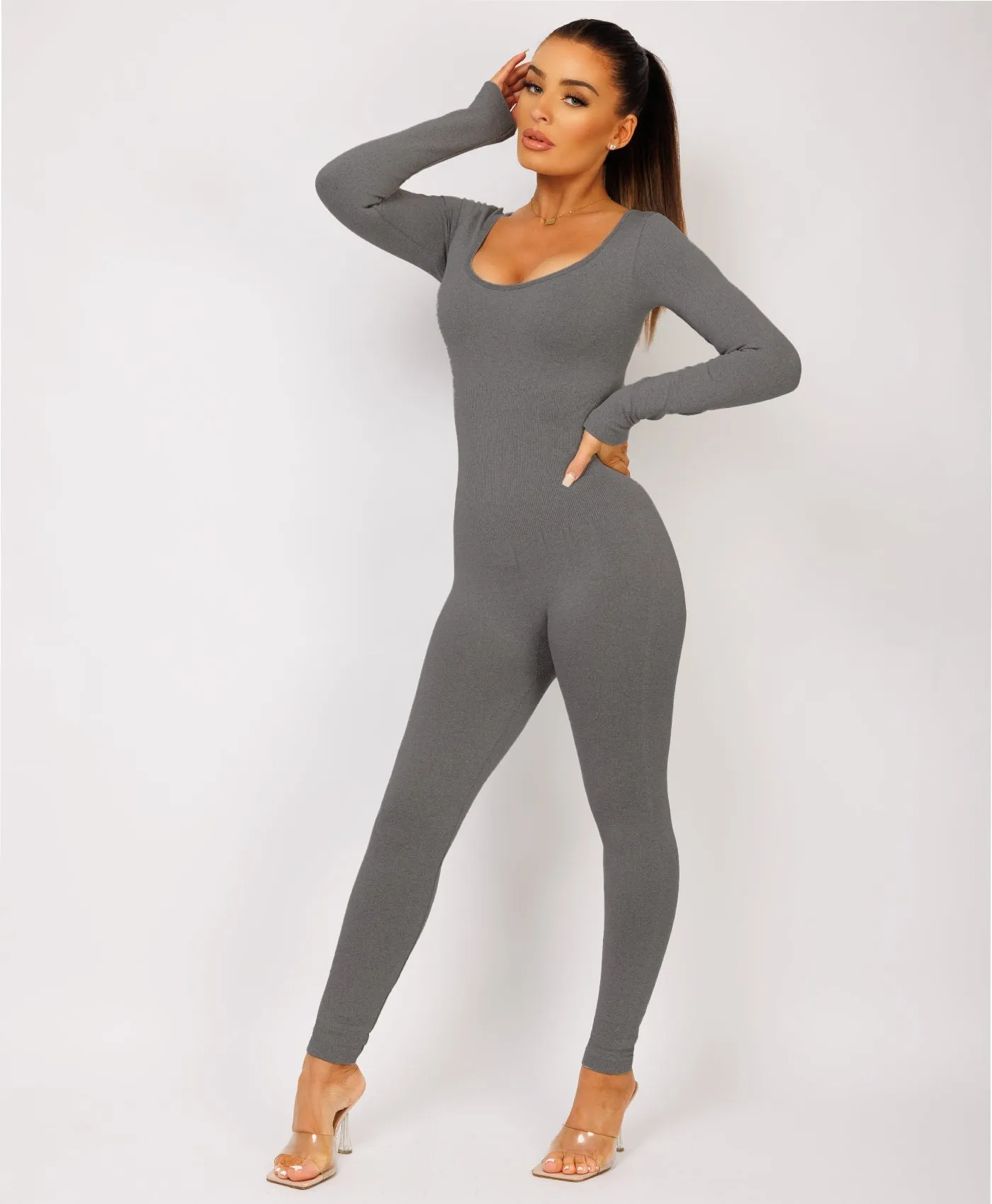 Charcoal Grey Elastic Ribbed Waist Round Neck Jumpsuit