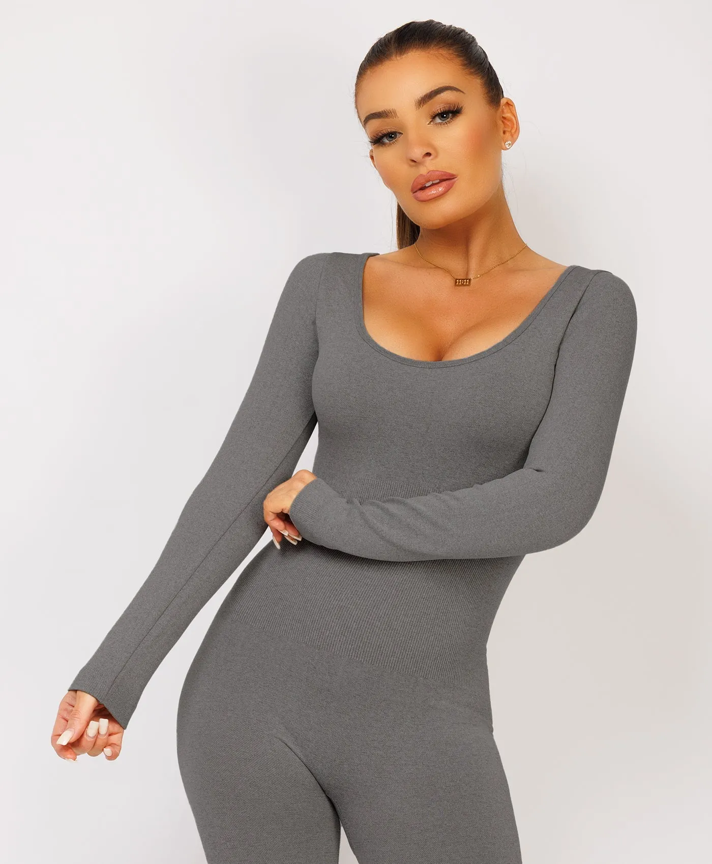 Charcoal Grey Elastic Ribbed Waist Round Neck Jumpsuit