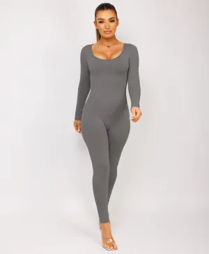 Charcoal Grey Elastic Ribbed Waist Round Neck Jumpsuit