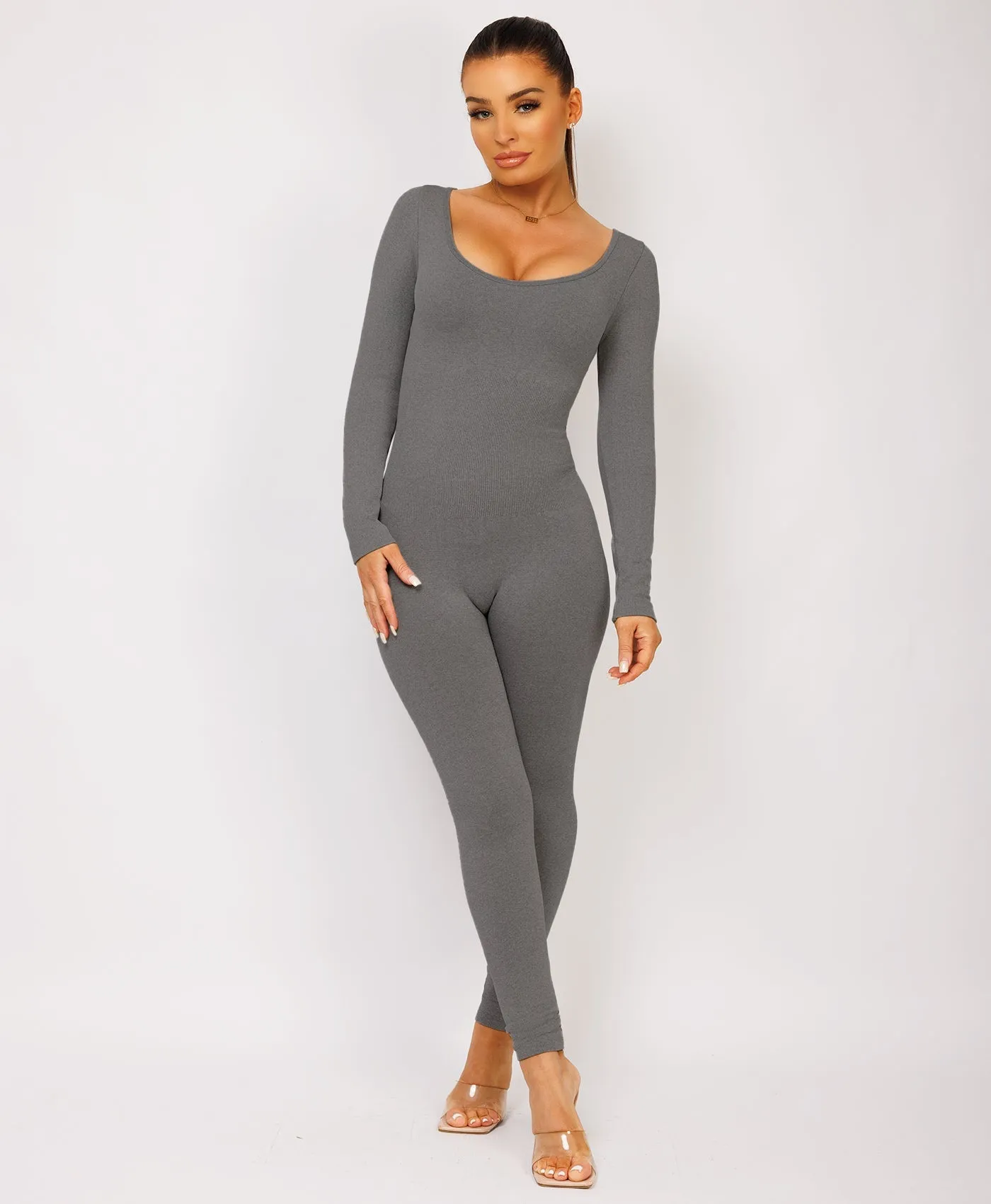 Charcoal Grey Elastic Ribbed Waist Round Neck Jumpsuit