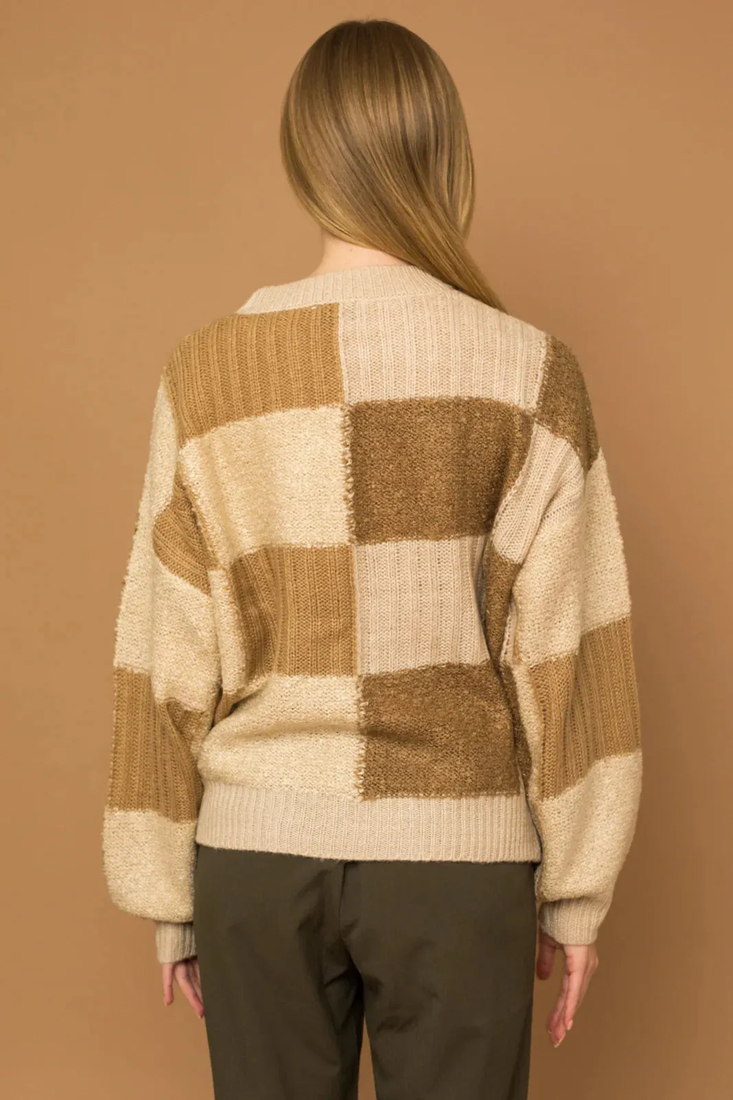 Checkered Round Crew Neck Cozy Sweater