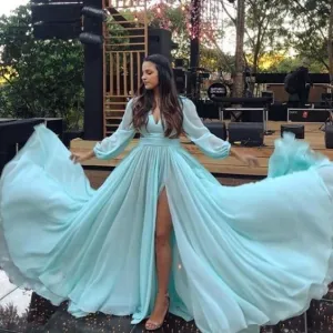 chiffon prom dresses deep v neck long sleeve front slit sexy elegant evening dress    fg1545