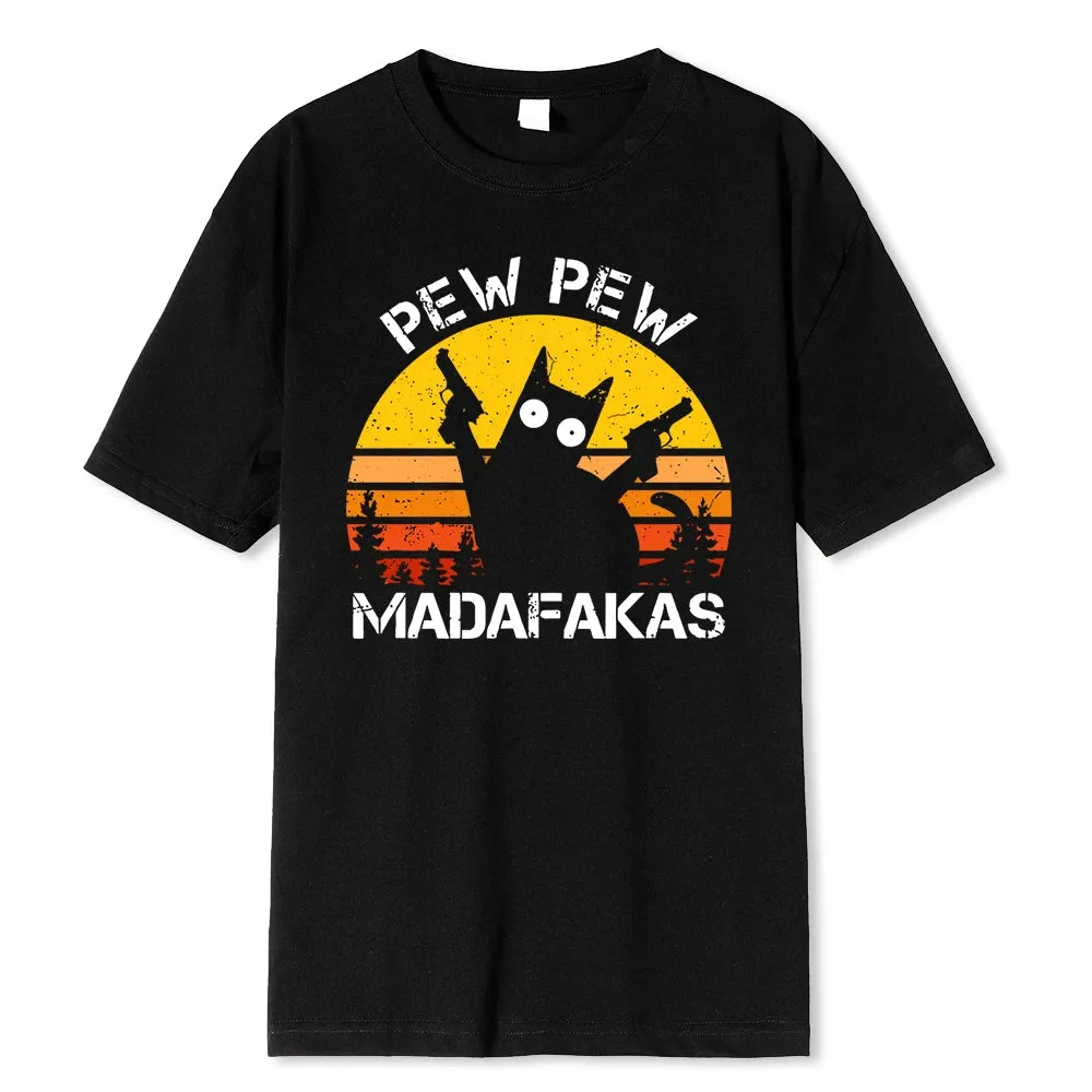 Christian T-Shirt, Animal T-Shirt Pew Pew Madafakas Cat With Two Guns Printing Men T Shirts Summer Cotton T-Shirts Breathable Loose Clothes Hip Hop Street Tees, Cat T-Shirt, CAB08022324.