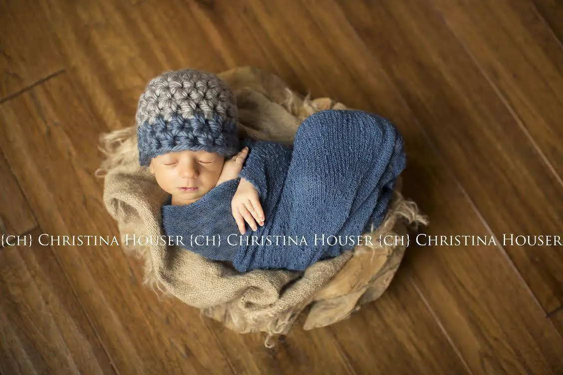 Chunky Gray Denim Blue Newborn Button Hat