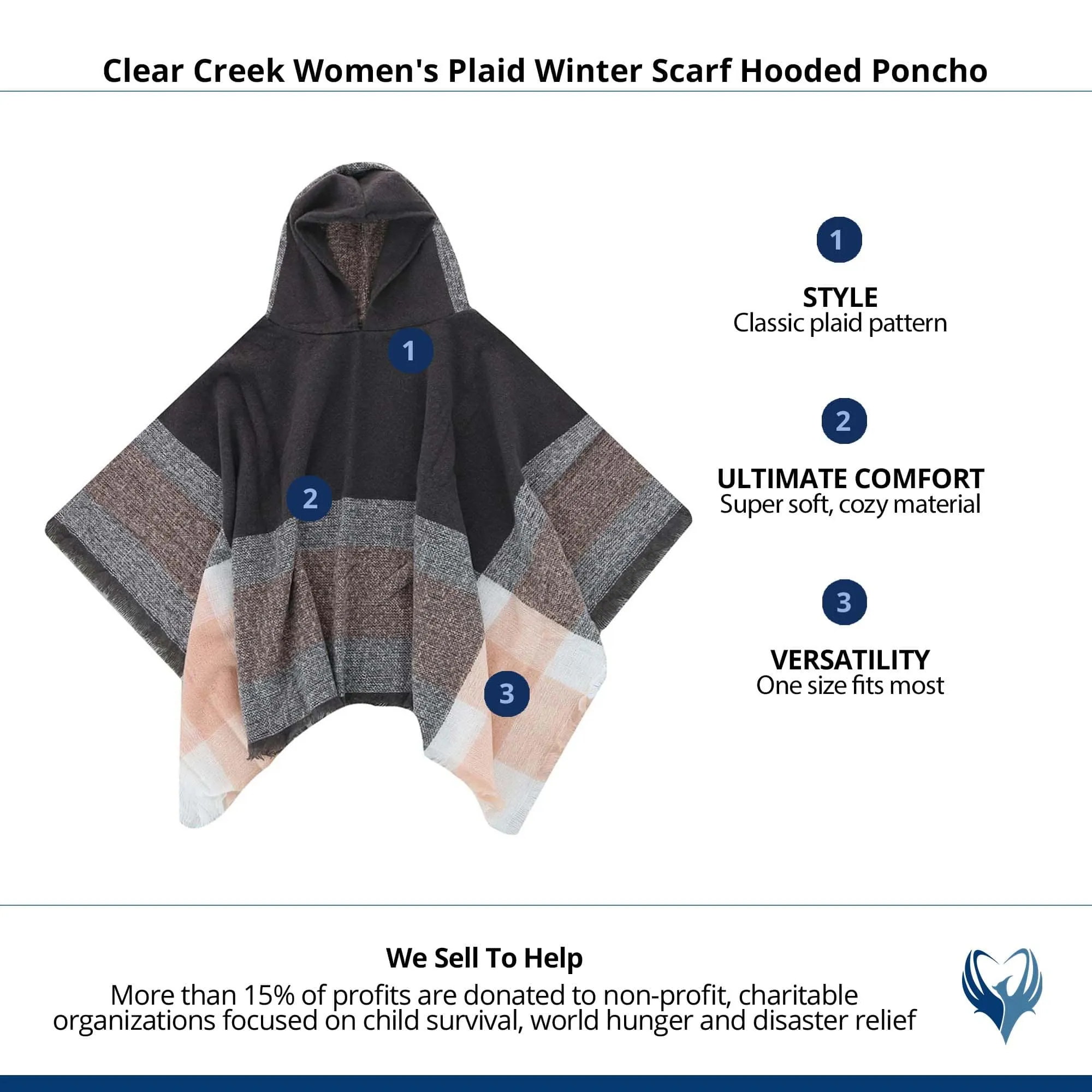 Clear Creek Women's Plaid Winter Scarf Hooded Poncho