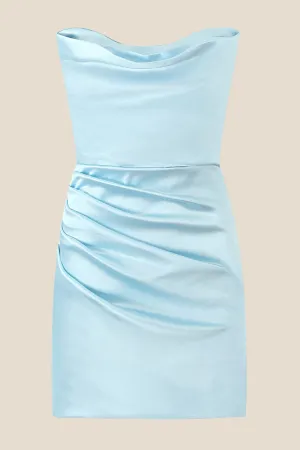 Cowl Neck Light Blue Ruched Bodycon Short Dress