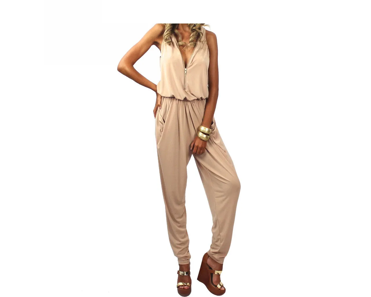 Cream Zipper Front Jumpsuit - The Roma