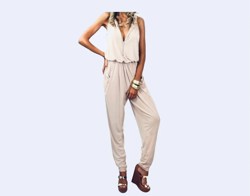 Cream Zipper Front Jumpsuit - The Roma