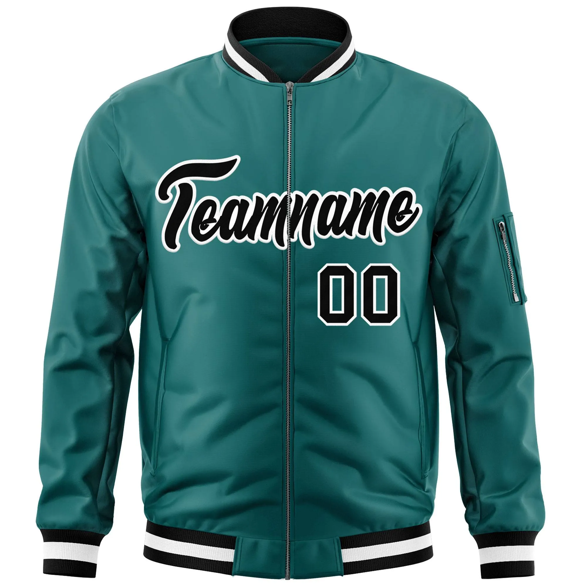 Custom Aqua Black-White Varsity Full-Zip Letterman Bomber Jacket