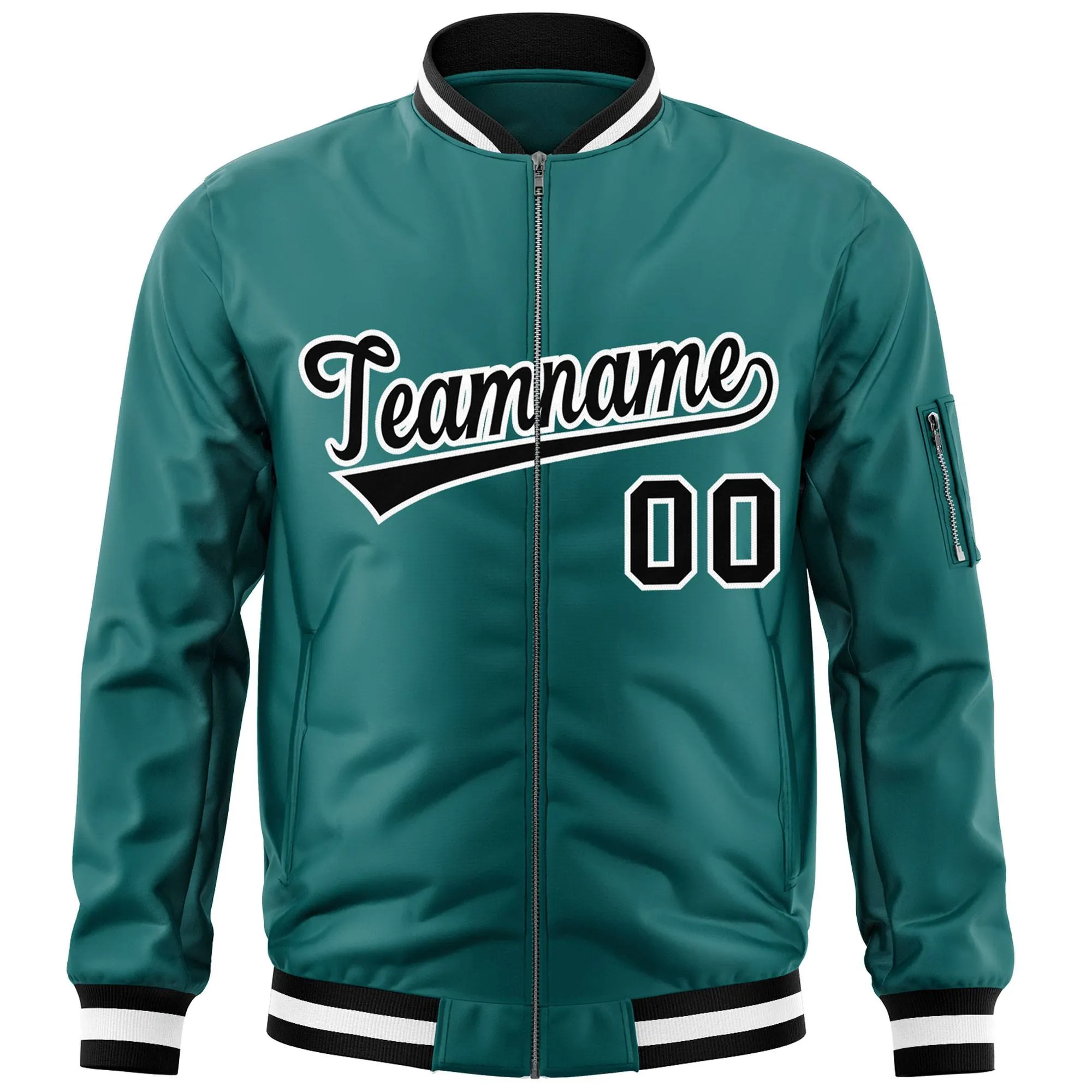 Custom Aqua Black-White Varsity Full-Zip Letterman Bomber Jacket