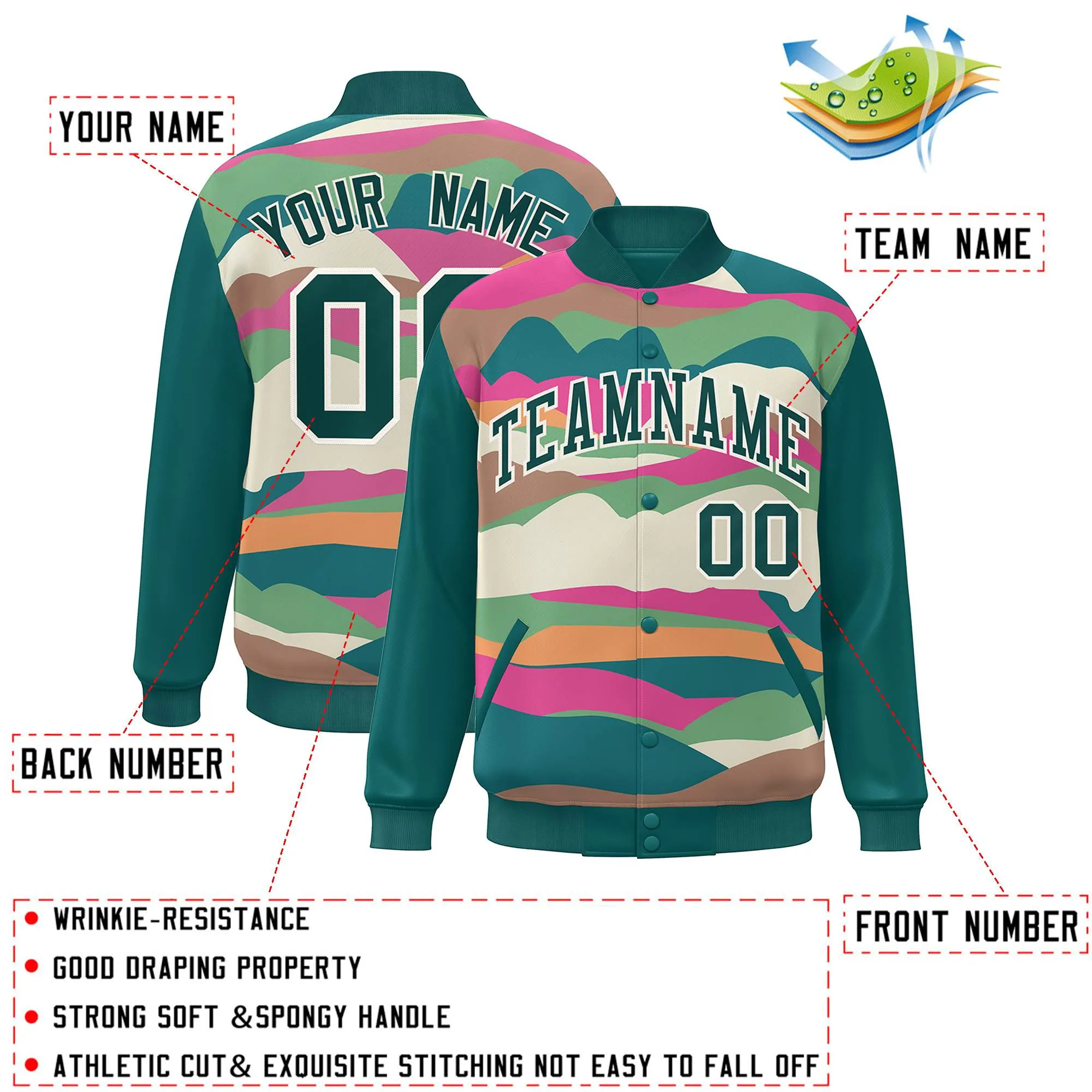 Custom Aqua Cream Multi Clouds Graffiti Pattern Varsity Full-Snap Jacket