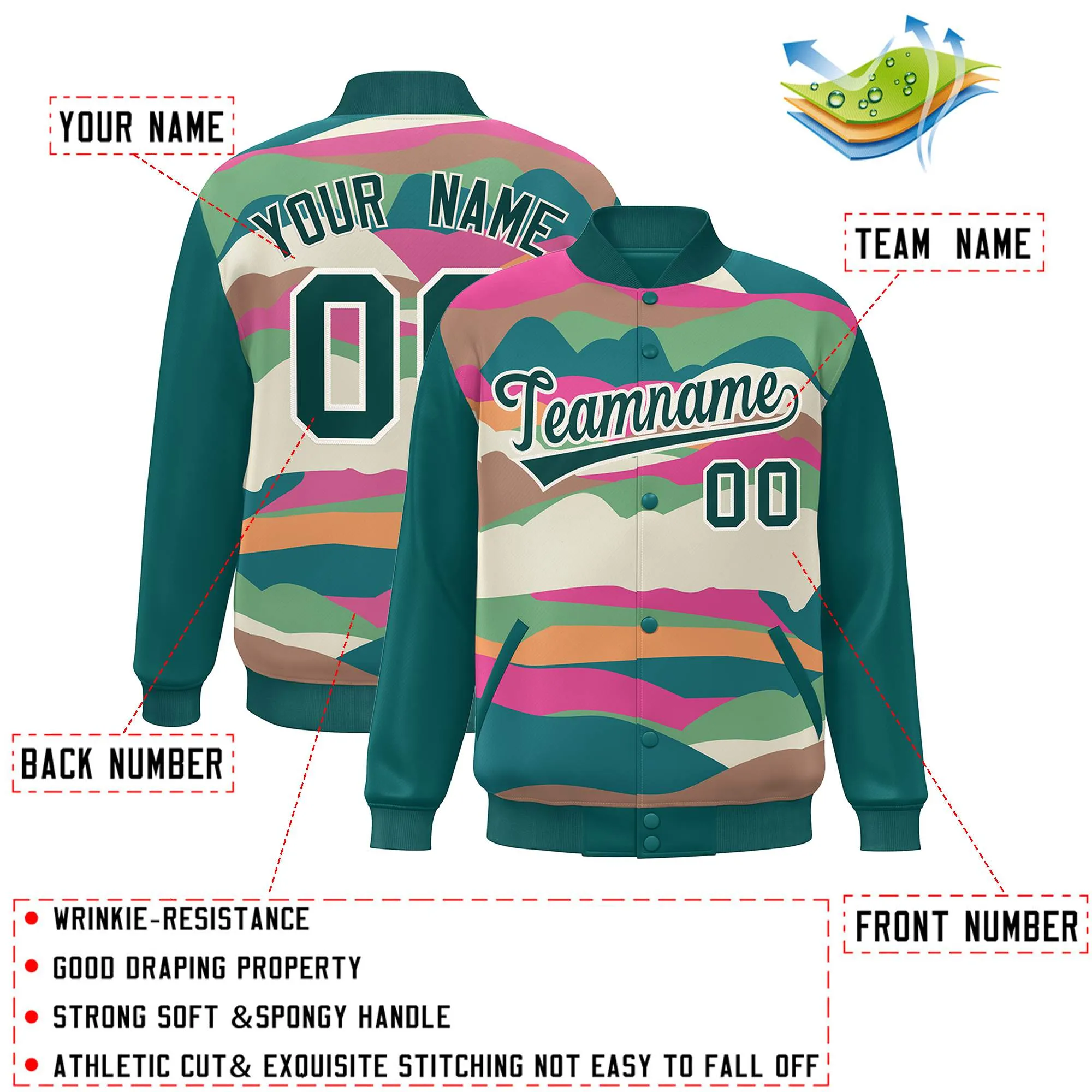 Custom Aqua Cream Multi Clouds Graffiti Pattern Varsity Full-Snap Jacket